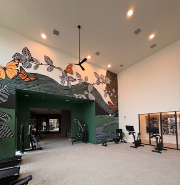 A gym with a green wall and a mural of butterflies.