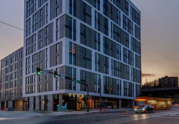 A modern building with the word "River" on the front.