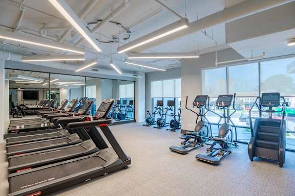 A gym with treadmills, exercise bikes, and elliptical machines.at The Ace, Richmond