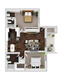 this is a 3d floor plan of a house with bedroom and living room