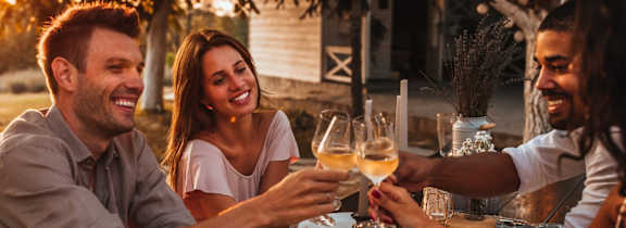 A group of people toasting with glasses of wine at a table.