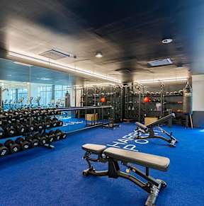 A gym with a blue carpet and a variety of equipment.