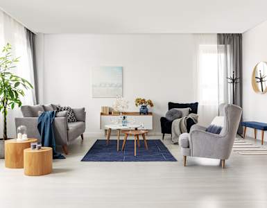 a living room with white walls and a blue rug