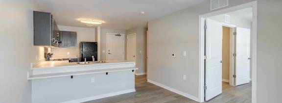 A kitchen area with a counter and cabinets.