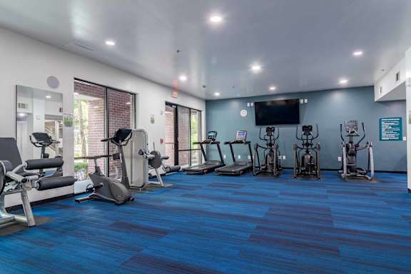 A gym with a variety of equipment including treadmills, stationary bikes, and weight machines.