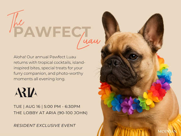 A dog wearing a colorful lei is featured in an advertisement for the PAWFECT Luau event.