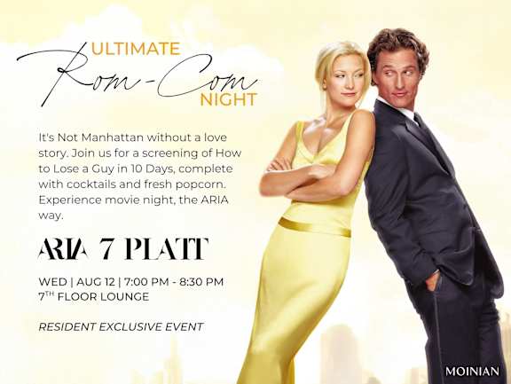A movie poster advertising an "Ultimate Rom-Com Night" at the Aria 7 Platt.