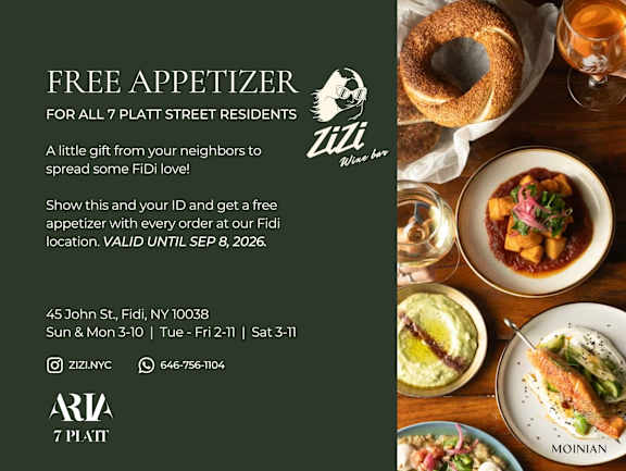 A promotional image for a free appetizer offer at Zizi Wine Bar for 7 Platt Street residents.