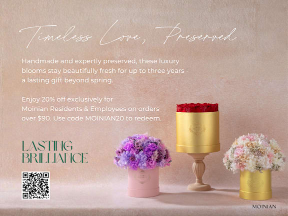 An advertisement for Lasting Brilliance, a brand that offers handmade and expertly preserved luxury blooms for up to three years. at Aria, New York, New York