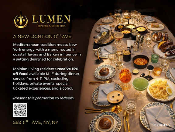 A flyer for Lumen Dining & Rooftop, a new light on 11th Ave, showcasing a variety of dishes and drinks.