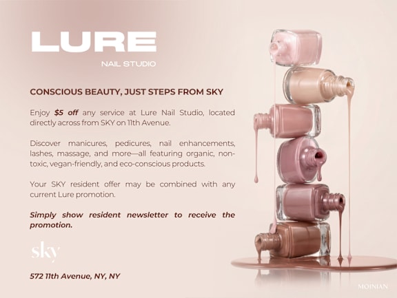 An advertisement for Lure Nail Studio offering $5 off any service for SKY residents.