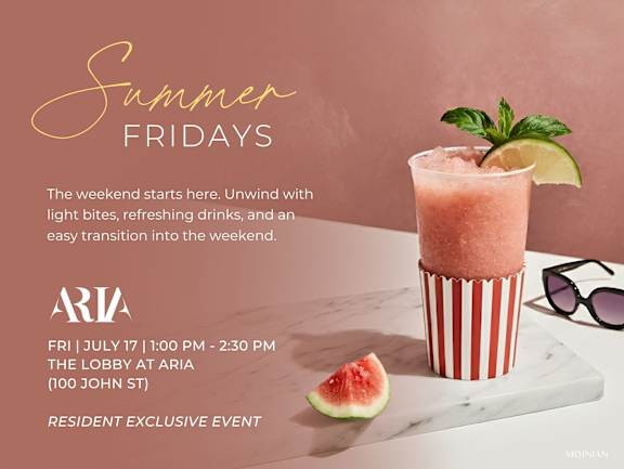A promotional image for a Summer Fridays event at Aria featuring a drink and a muffin.