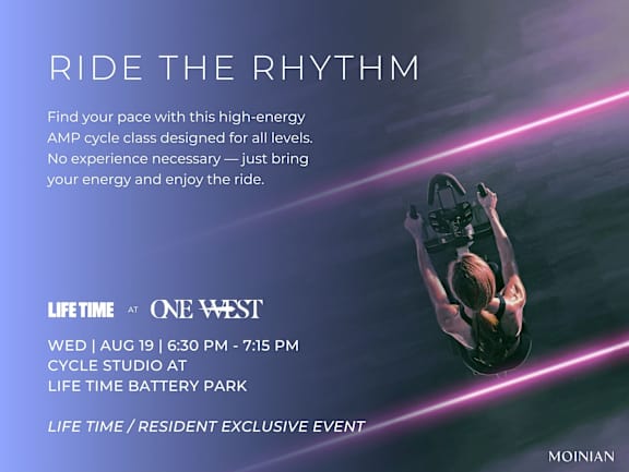 An advertisement for a high-energy AMP cycle class at LIFETIME ONE WEST.