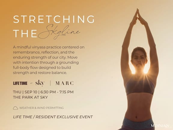 A woman doing yoga with the text "STRETCHING THE Skyline" above her.