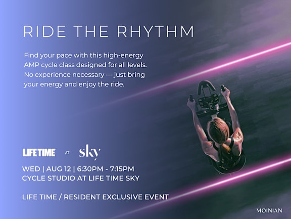 An advertisement for a high-energy AMP cycle class at LIFETIME SKY.