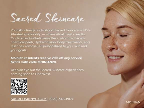 An advertisement for Sacred Skincare featuring a woman with her eyes closed and hand on her face. at Aria, New York, New York