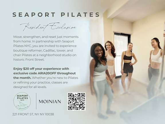 A promotional image for Seaport Pilates, featuring a QR code and a special offer.