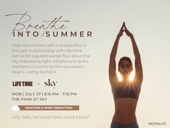 A woman doing yoga in a sunflower pose with the text "Breathe INTO SUMMER" above her.