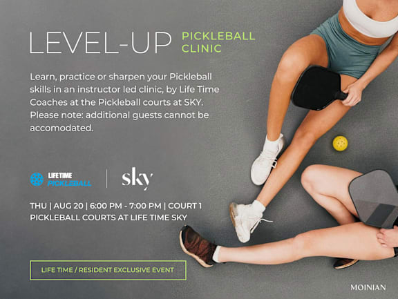 A promotional image for a Pickleball clinic at Life Time Sky.