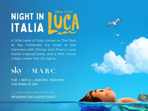A poster advertises a "Night in Italy Luca" event at The Park at Sky.