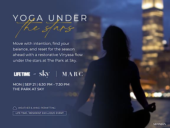 A yoga event is advertised to take place at The Park at Sky on Monday, September 21st from 6:30 PM to 7:30 PM.