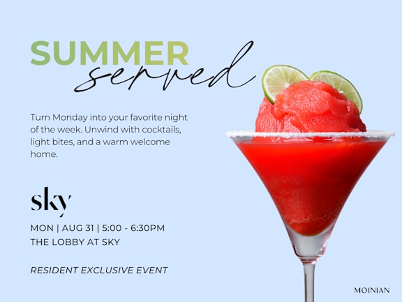 A poster advertises a summer event at Sky with a featured image of a cocktail.