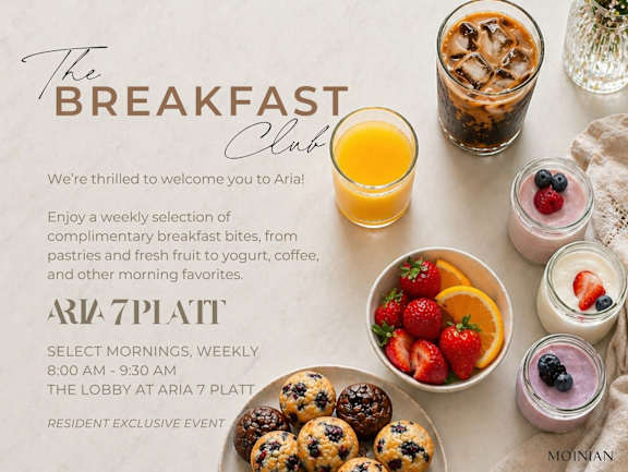 A promotional image for The Breakfast Club at Aria 7 Platt, featuring a variety of breakfast items.