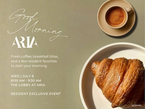 A promotional image for a resident exclusive event at Aria featuring a croissant and coffee.