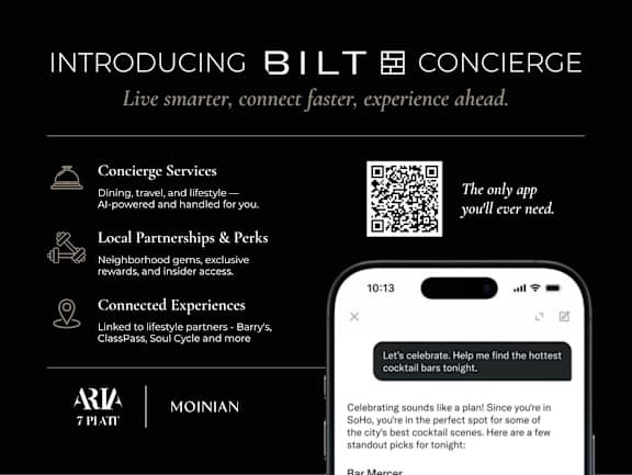 A black and white image introducing Bilt Concierge with a QR code and a smartphone displaying a concierge service message.