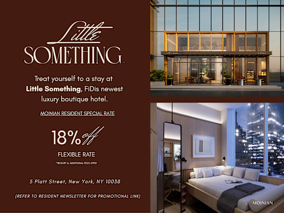 An advertisement for Little Something, a luxury boutique hotel, showcasing its modern design and amenities.