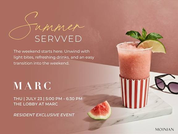 A promotional image for a resident exclusive event at Marc on July 23rd from 5:00 PM to 6:30 PM.