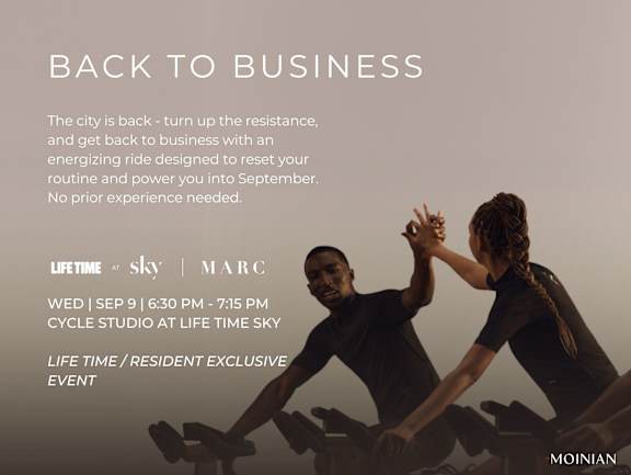 A promotional image for a fitness event called "Back to Business" at LIFE TIME SKY MARC.