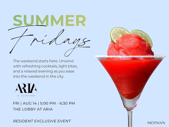 A poster advertises a summer Friday event at The Lobby at Aria.