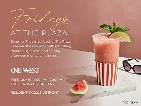 A poster advertises "Fridays at the Plaza" with a date and time listed for an event.