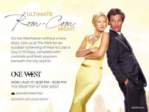 A movie poster for "Ultimate Rom-Com Night" featuring a man and a woman standing side by side.