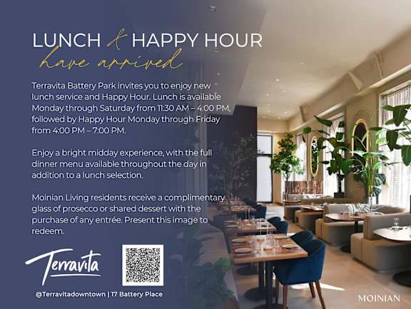 A promotional image for a new lunch service and Happy Hour at Terravita Battery Park.