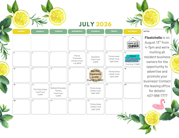 A calendar for July 2026 with events and notes.