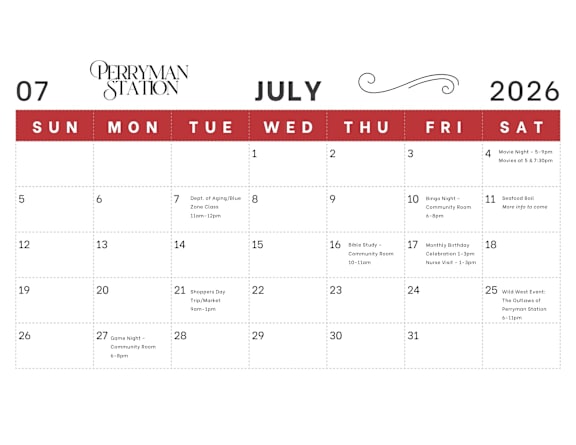A calendar for Perryman Station in July 2026 with events listed on specific dates.