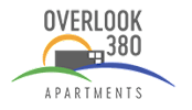 A logo for Overlook 380 Apartments featuring a stylized apartment building.