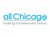 The image is a logo for an organization called "all Chicago" that focuses on making homelessness history.