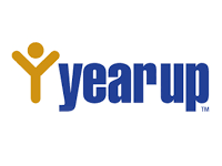 A logo with a human figure and the text "year-up" in blue.