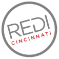 a green background with a white circle with the word red cincinnati written on it