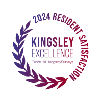 A logo for the 2024 Resident Satisfaction Excellence award by Kingsley Surveys.