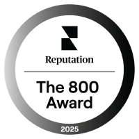 A black and white image of a badge for the Reputation 800 Award 2025.