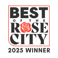 A black and white logo with a red rose and the words "Best of the Rose City 2025 Winner".