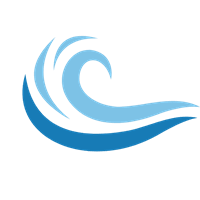 A blue wave logo on a black background.