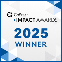 A blue and white graphic announces the 2025 winner of the CoStar Impact Awards.