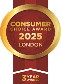 A gold and red award ribbon for a Consumer Choice Award 2025 in London.