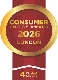 A gold and red award ribbon for a Consumer Choice Award 2025 in London.