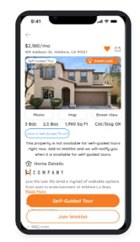 A mobile screen displays a property listing for $2,180 per month.